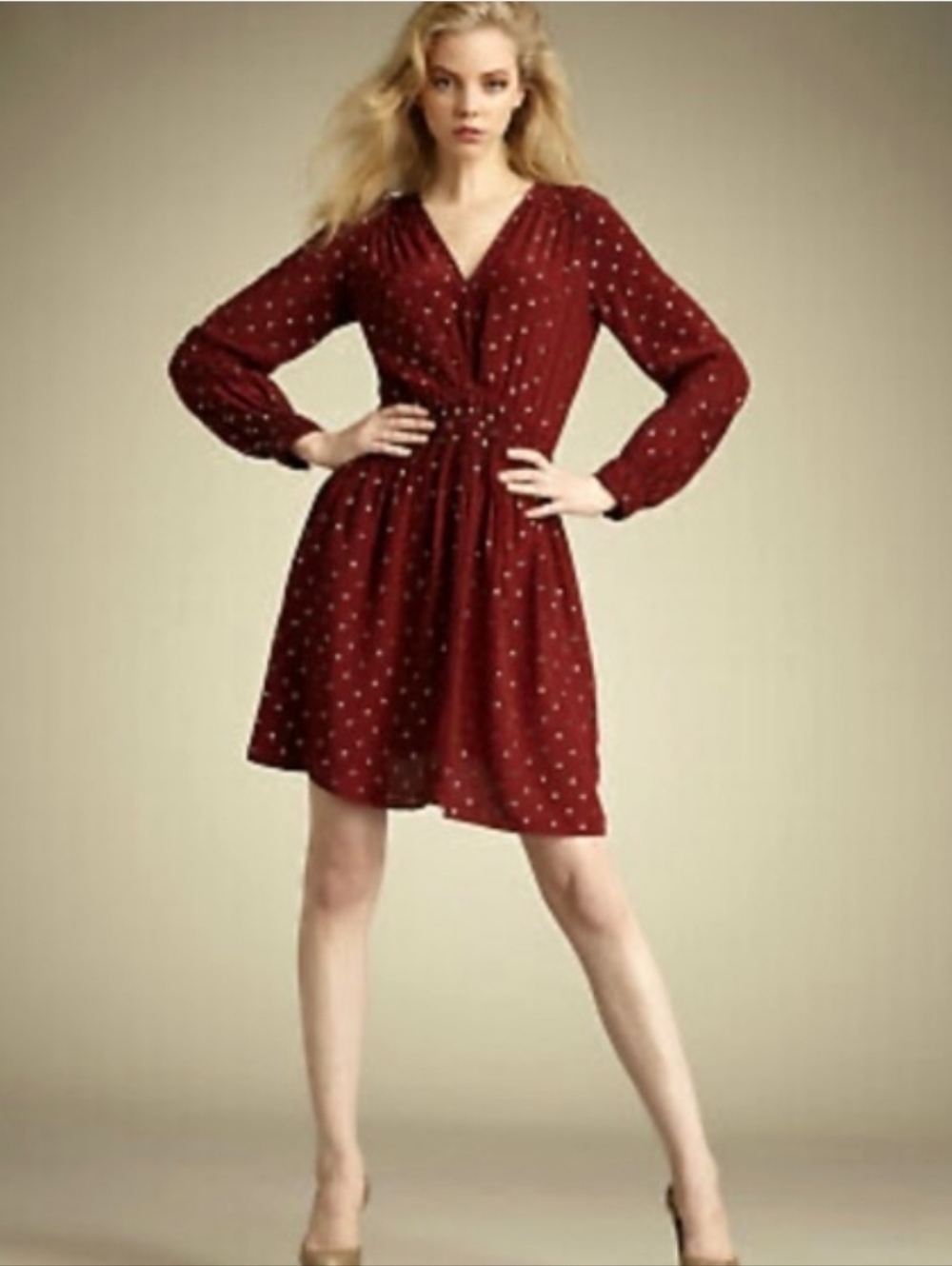 Rebecca Taylor Nailhead Dress Womens 6 Wine Red Good Long Sleeve Studded Rayon